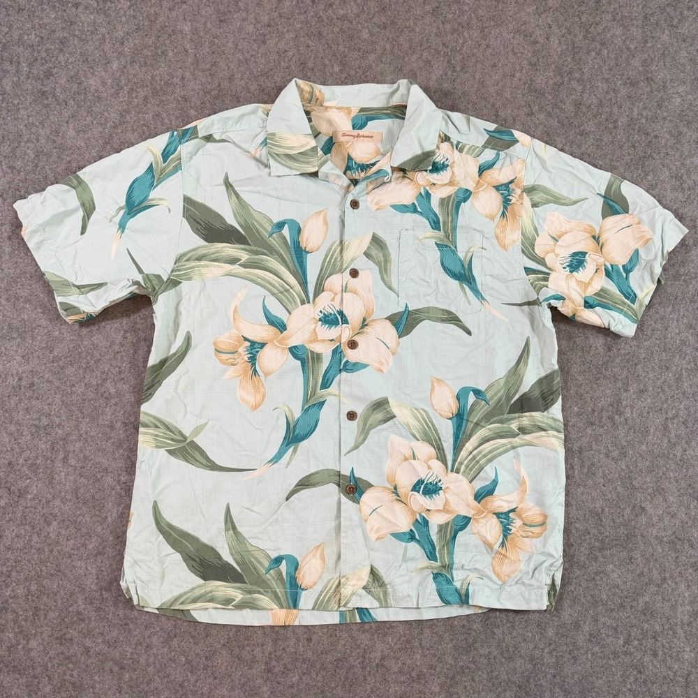 Tommy Bahama Blue Floral Silk Short‎ Sleeve Button Down Shirt Men's Size Large